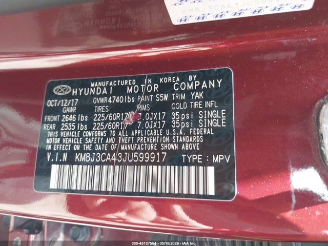 Aukcja sprzedaży 2018 Hyundai Tucson Sel, vin: KM8J3CA43JU599917, numer aukcji: 45137554