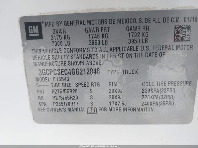 Aukcja sprzedaży 2016 Chevrolet Silverado 1500 1lz, vin: 3GCPCSEC4GG212846, numer aukcji: 45137560