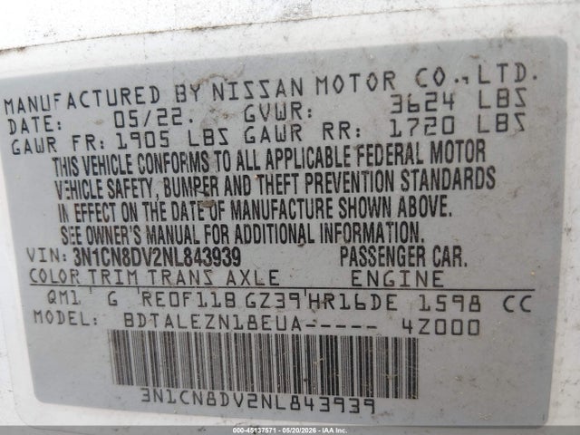 Продажа на аукционе авто 2022 Nissan Versa 1.6 S Xtronic Cvt, vin: 3N1CN8DV2NL843939, номер лота: 45137571
