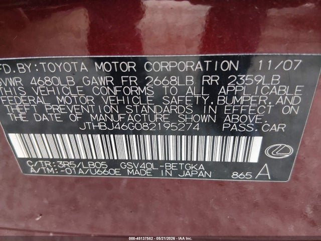 Продажа на аукционе авто 2008 Lexus Es 350, vin: JTHBJ46G082195274, номер лота: 45137582