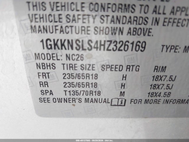 Aukcja sprzedaży 2017 Gmc Acadia Sle, vin: 1GKKNSLS4HZ326169, numer aukcji: 45137585