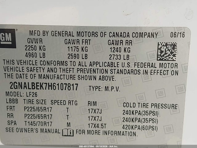 Aukcja sprzedaży 2017 Chevrolet Equinox Ls, vin: 2GNALBEK7H6107817, numer aukcji: 45137594