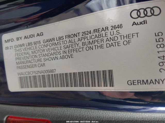 Продажа на аукционе авто 2022 Audi A5 Premium Plus 40, vin: WAUCBCF52NA005887, номер лота: 45137595
