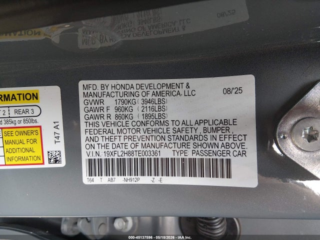 19XFL2H88TE003361 Honda Civic Sport