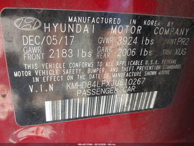 Продажа на аукционе авто 2018 Hyundai Elantra Sel, vin: KMHD84LFXJU610267, номер лота: 45137606