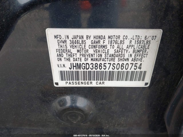 45137618 :رقم المزاد ، JHMGD38657S060754 vin ، 2007 Honda Fit Sport مزاد بيع