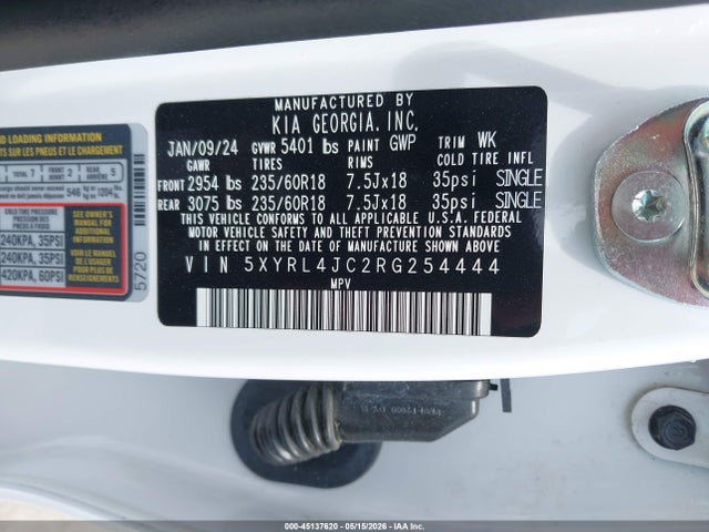 Продажа на аукционе авто 2024 Kia Sorento S, vin: 5XYRL4JC2RG254444, номер лота: 45137620