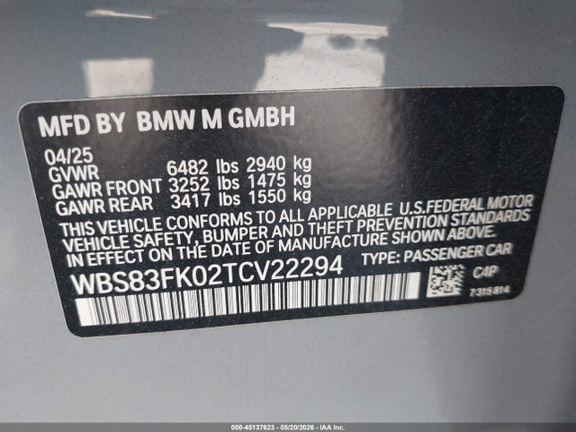 Продажа на аукционе авто 2026 Bmw M5, vin: WBS83FK02TCV22294, номер лота: 45137623