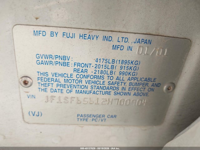 Aukcja sprzedaży 2002 Subaru Forester S, vin: JF1SF65612H700904, numer aukcji: 45137629