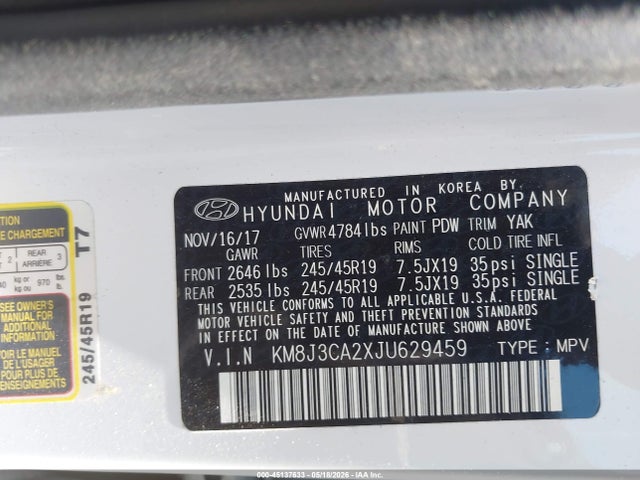 Продаж на аукціоні авто 2018 Hyundai Tucson Value, vin: KM8J3CA2XJU629459, номер лоту: 45137633