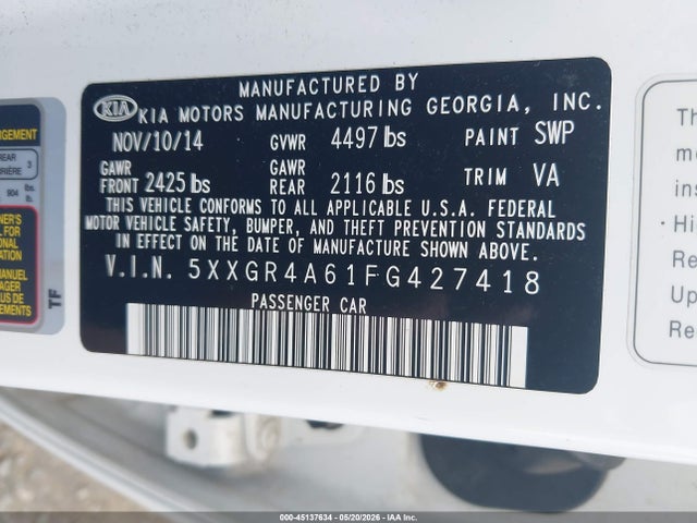 45137634 :رقم المزاد ، 5XXGR4A61FG427418 vin ، 2015 Kia Optima Sxl Turbo مزاد بيع