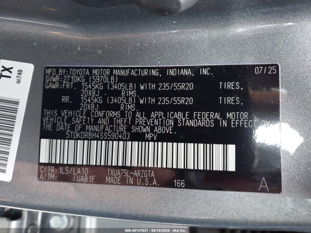 Продажа на аукционе авто 2025 Toyota Highlander Platinum, vin: 5TDKDRBH4SS590403, номер лота: 45137637