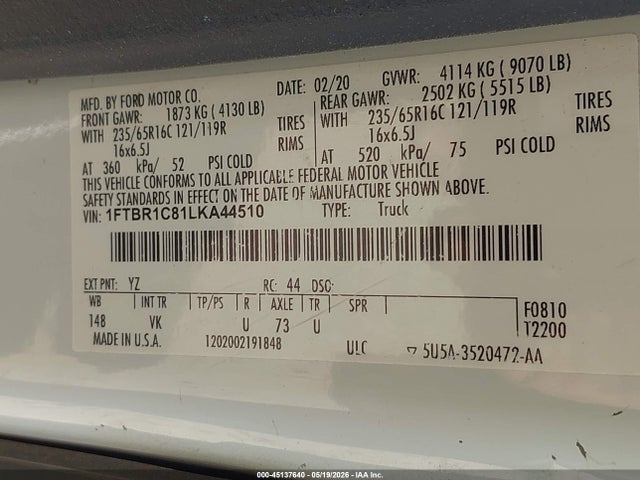 Aukcja sprzedaży 2020 Ford Transit-250, vin: 1FTBR1C81LKA44510, numer aukcji: 45137640
