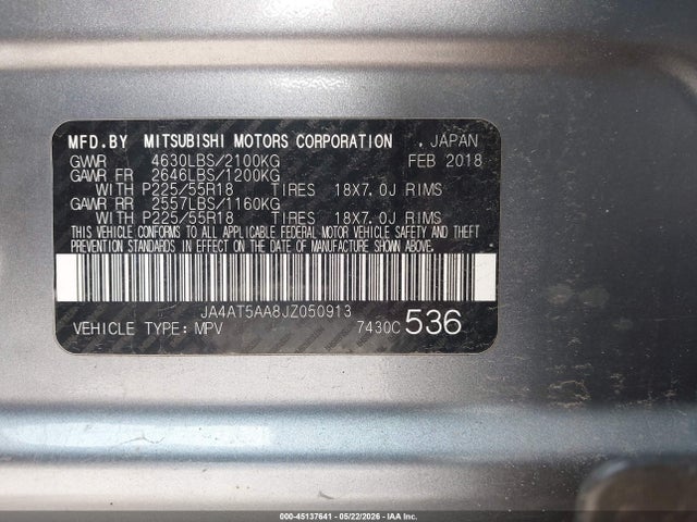 45137641 :رقم المزاد ، JA4AT5AA8JZ050913 vin ، 2018 Mitsubishi Eclipse Cross Sel مزاد بيع