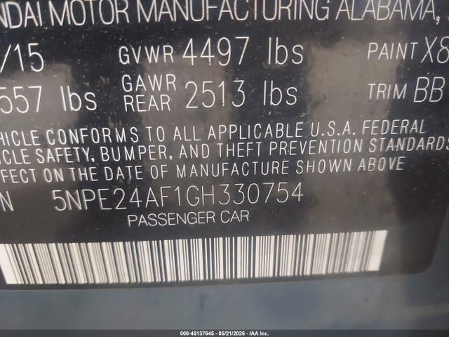 Aukcja sprzedaży 2016 Hyundai Sonata Se, vin: 5NPE24AF1GH330754, numer aukcji: 45137645