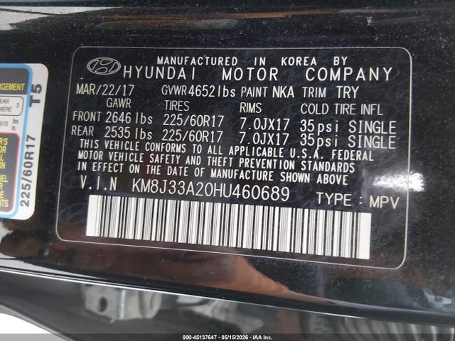 Aukcja sprzedaży 2017 Hyundai Tucson Eco, vin: KM8J33A20HU460689, numer aukcji: 45137647