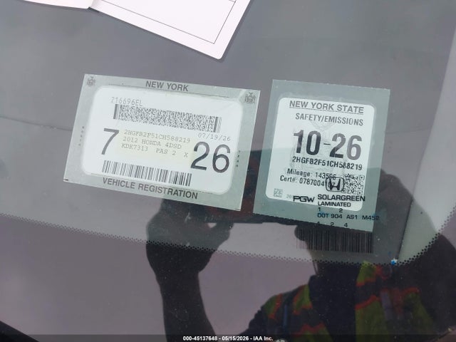 45137648 :رقم المزاد ، 2HGFB2F51CH588219 vin ، 2012 Honda Civic Lx مزاد بيع