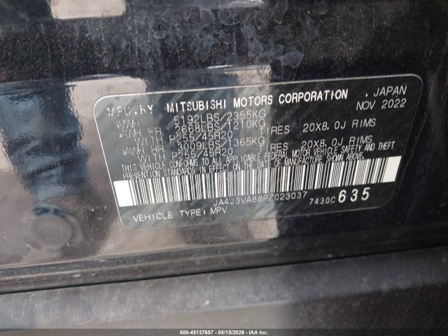 Auction sale of the 2023 Mitsubishi Outlander Sel 2.5 2wd/sel Black Edition 2wd, vin: JA4J3VA88PZ023037, lot number: 45137657