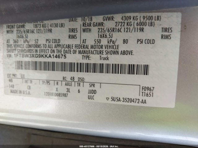 Aukcja sprzedaży 2019 Ford Transit-350, vin: 1FTBW3XG9KKA14675, numer aukcji: 45137666