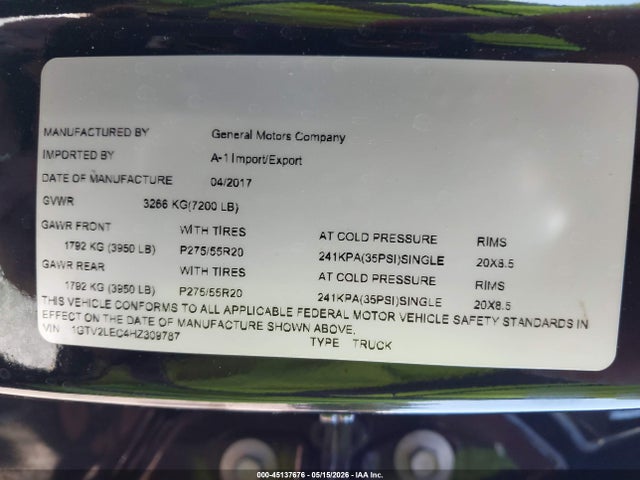 Aukcja sprzedaży 2017 Gmc Sierra 1500, vin: 1GTV2LEC4HZ309787, numer aukcji: 45137676