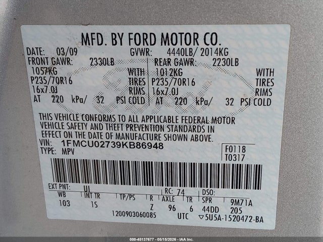 45137677 :رقم المزاد ، 1FMCU02739KB86948 vin ، 2009 Ford Escape Xls/xls Manual مزاد بيع