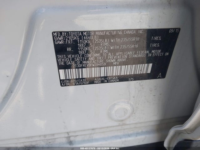 45137678 :رقم المزاد ، 2T3DFREV9FW394059 vin ، 2015 Toyota Rav4 Limited مزاد بيع