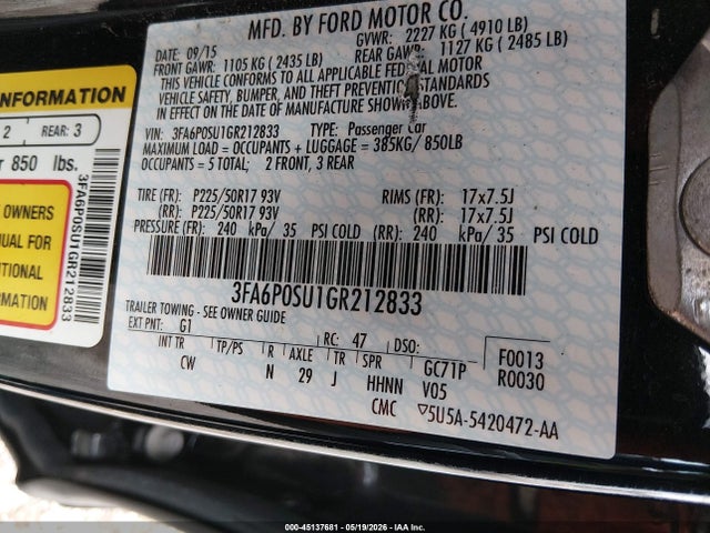 Aukcja sprzedaży 2016 Ford Fusion Energi Titanium, vin: 3FA6P0SU1GR212833, numer aukcji: 45137681