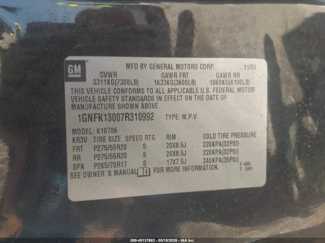Продаж на аукціоні авто 2007 Chevrolet Tahoe Ltz, vin: 1GNFK13007R310992, номер лоту: 45137682