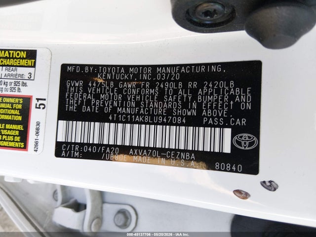 Aukcja sprzedaży 2020 Toyota Camry Le, vin: 4T1C11AK8LU947084, numer aukcji: 45137706