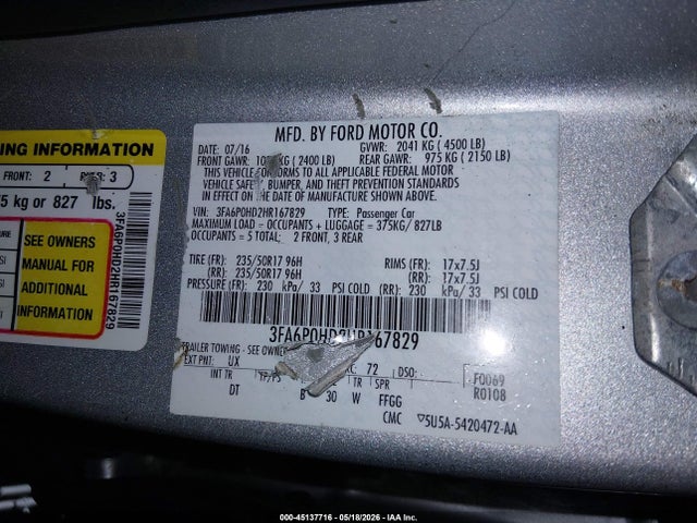 Ford FUSION SE 2017 3FA6P0HD2HR167829 Image 9