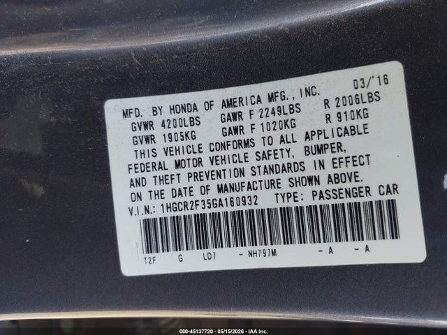 2016 Honda Accord Lx მანქანა იყიდება აუქციონზე, vin: 1HGCR2F35GA160932, აუქციონის ნომერი: 45137720