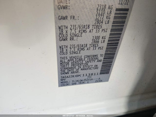 Aukcja sprzedaży 2023 Nissan Murano Sv Fwd, vin: 5N1AZ2BJ8PC113811, numer aukcji: 45137727