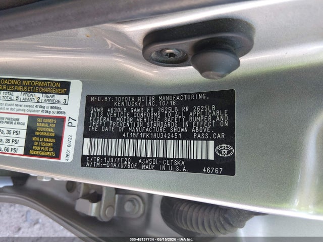 Aukcja sprzedaży 2017 Toyota Camry Se, vin: 4T1BF1FK1HU342451, numer aukcji: 45137734