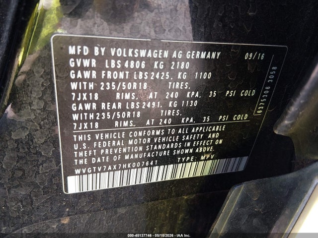 Aukcja sprzedaży 2017 Volkswagen Tiguan 2.0t Sport, vin: WVGTV7AX7HK007641, numer aukcji: 45137746