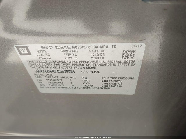2012 Chevrolet Equinox 1lt მანქანა იყიდება აუქციონზე, vin: 2GNALDEKXC6326954, აუქციონის ნომერი: 45137760