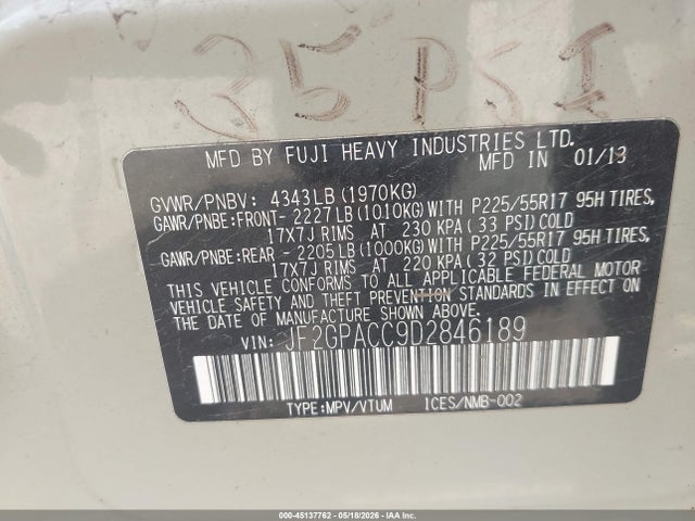 Aukcja sprzedaży 2013 Subaru Xv Crosstrek 2.0i Premium, vin: JF2GPACC9D2846189, numer aukcji: 45137762