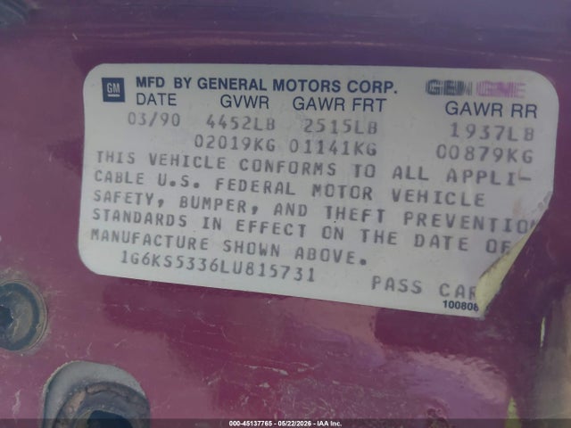 Продажа на аукционе авто 1990 Cadillac Seville, vin: 1G6KS5336LU815731, номер лота: 45137765
