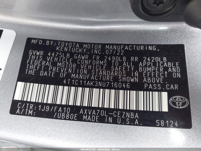 Aukcja sprzedaży 2022 Toyota Camry Le, vin: 4T1C11AK3NU716046, numer aukcji: 45137767