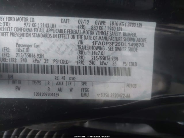 45137811 :رقم المزاد ، 1FADP3F25DL149876 vin ، 2013 Ford Focus Se مزاد بيع