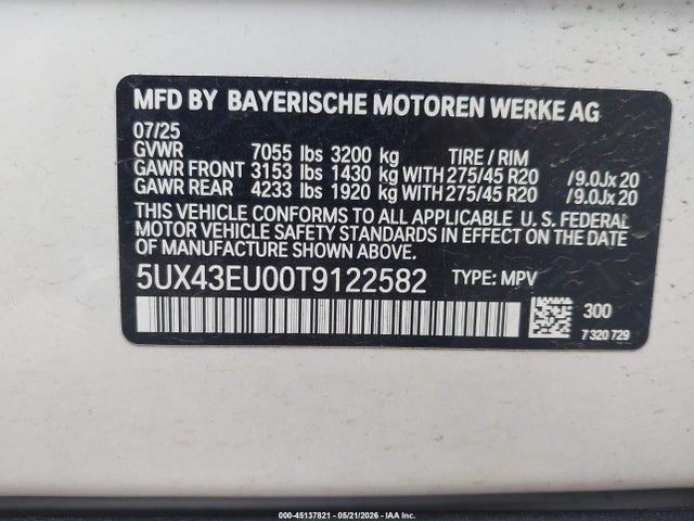 Aukcja sprzedaży 2026 Bmw X5 Phev Xdrive50e, vin: 5UX43EU00T9122582, numer aukcji: 45137821