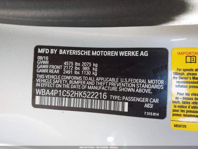 Aukcja sprzedaży 2017 Bmw 440i, vin: WBA4P1C52HK522216, numer aukcji: 45137824