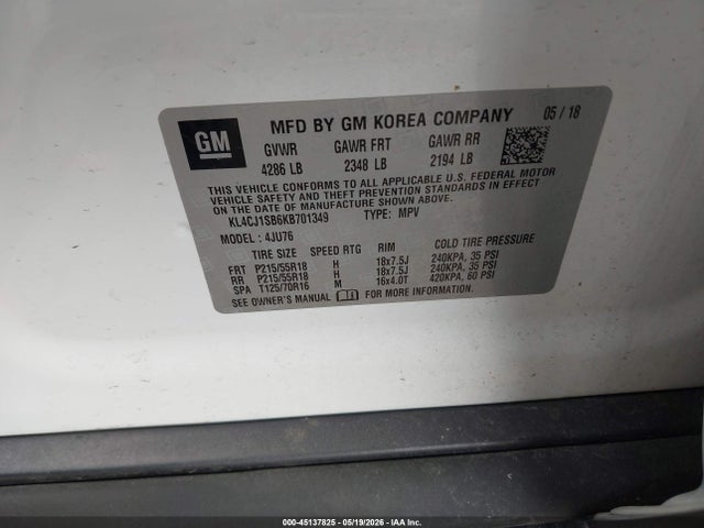 45137825 :رقم المزاد ، KL4CJ1SB6KB701349 vin ، 2019 Buick Encore Fwd Sport Touring مزاد بيع