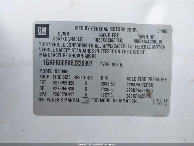 Продажа на аукционе авто 2008 Gmc Yukon Xl 1500 Denali, vin: 1GKFK668X8J230997, номер лота: 45137837