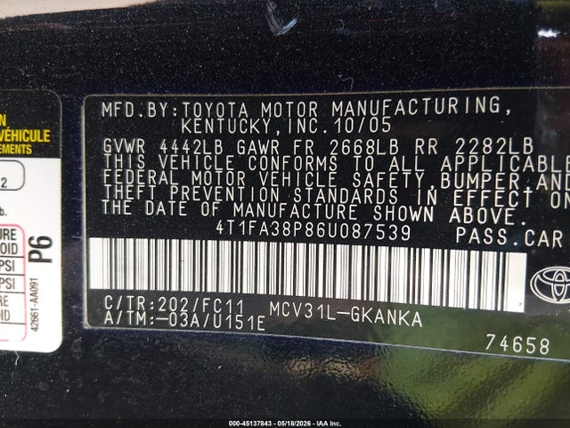 Aukcja sprzedaży 2006 Toyota Camry Solara Se, vin: 4T1FA38P86U087539, numer aukcji: 45137843