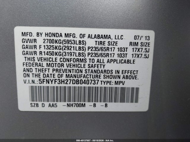 Aukcja sprzedaży 2013 Honda Pilot Lx, vin: 5FNYF3H27DB040737, numer aukcji: 45137857