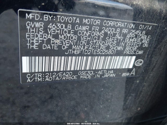 45137864 :رقم المزاد ، JTHBF1D21E5025801 vin ، 2014 Lexus Is 250 مزاد بيع