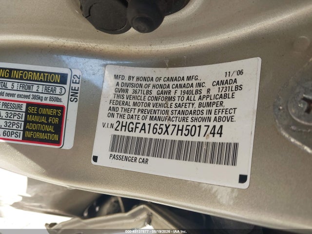 Продаж на аукціоні авто 2007 Honda Civic Lx, vin: 2HGFA165X7H501744, номер лоту: 45137877