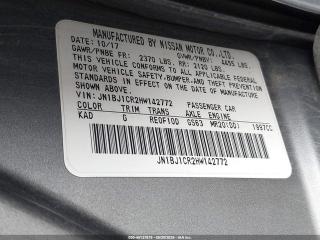2017 Nissan Rogue Sport S/sv/sl მანქანა იყიდება აუქციონზე, vin: JN1BJ1CR2HW142772, აუქციონის ნომერი: 45137878
