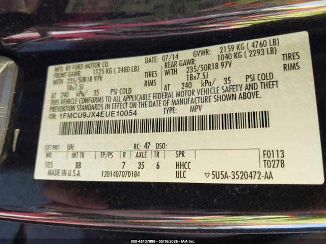 Продаж на аукціоні авто 2014 Ford Escape Titanium, vin: 1FMCU9JX4EUE10054, номер лоту: 45137886