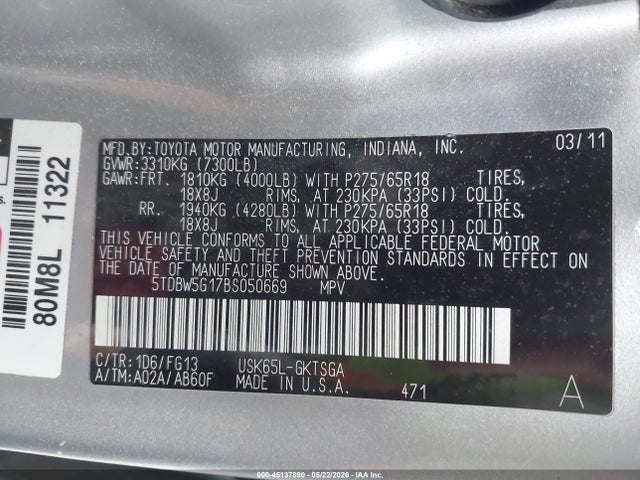 45137890 :رقم المزاد ، 5TDBW5G17BS050669 vin ، 2011 Toyota Sequoia Sr5 5.7l V8 مزاد بيع